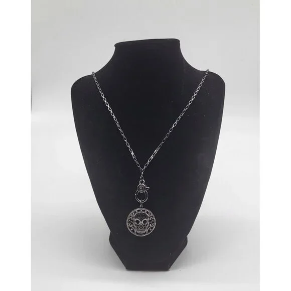 Marlyn Schiff Sugar Skull Rhinestone Pendant Necklace Gunmetal - Picture 3 of 10